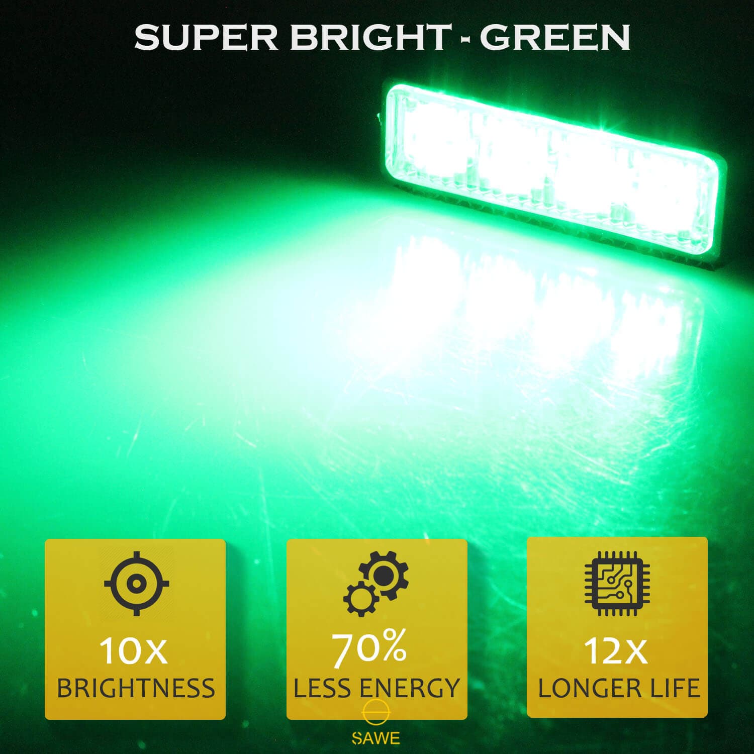 Premier Emergency LED Strobe Lights Bar for Offroad Car Truck Warning Hazard Flash Grille and Surface Mount Light - Green 4-LED SAWE Lighting