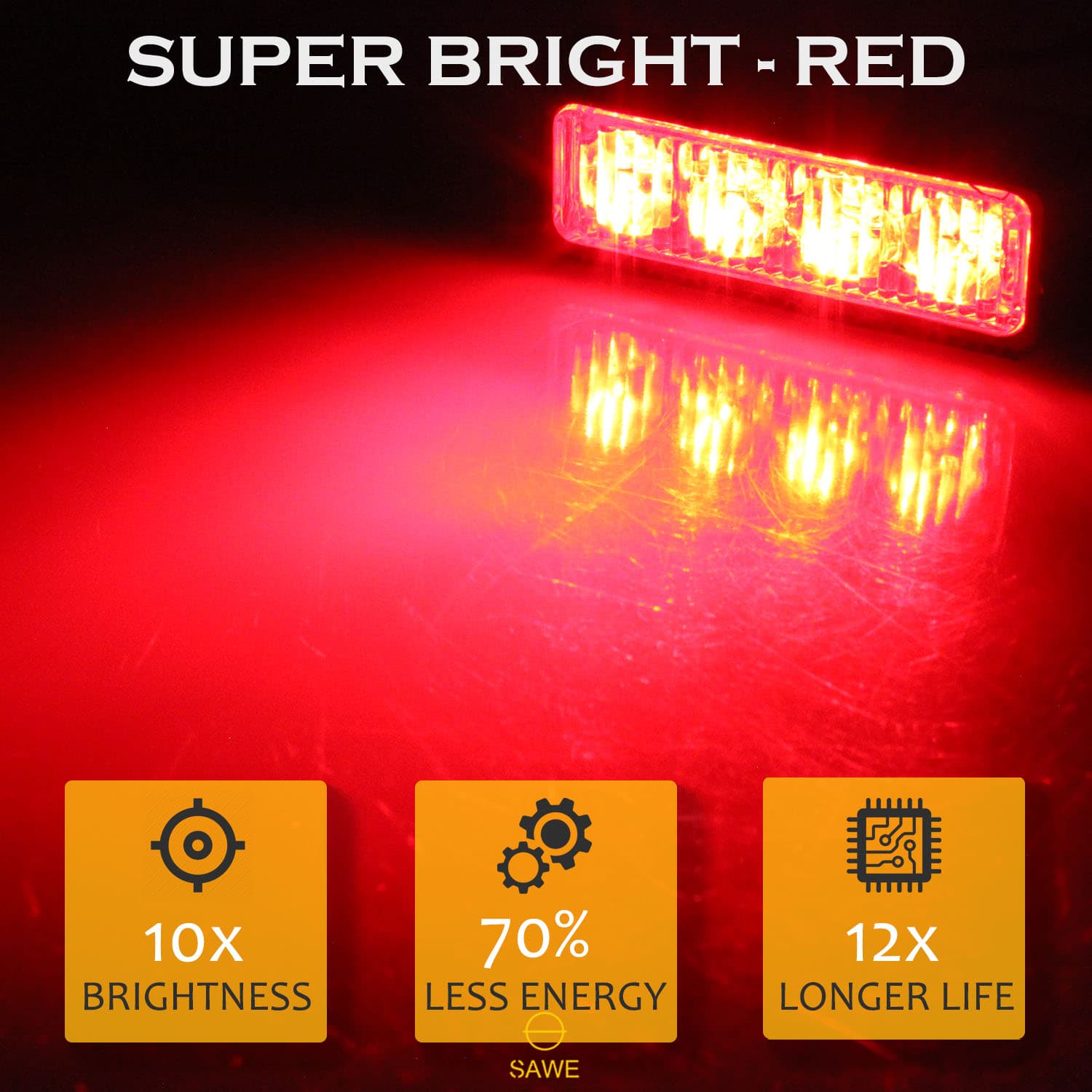 Premier Emergency LED Strobe Lights Bar for Offroad Car Truck Warning Hazard Flash Grille and Surface Mount Light - Red 4-LED SAWE Lighting