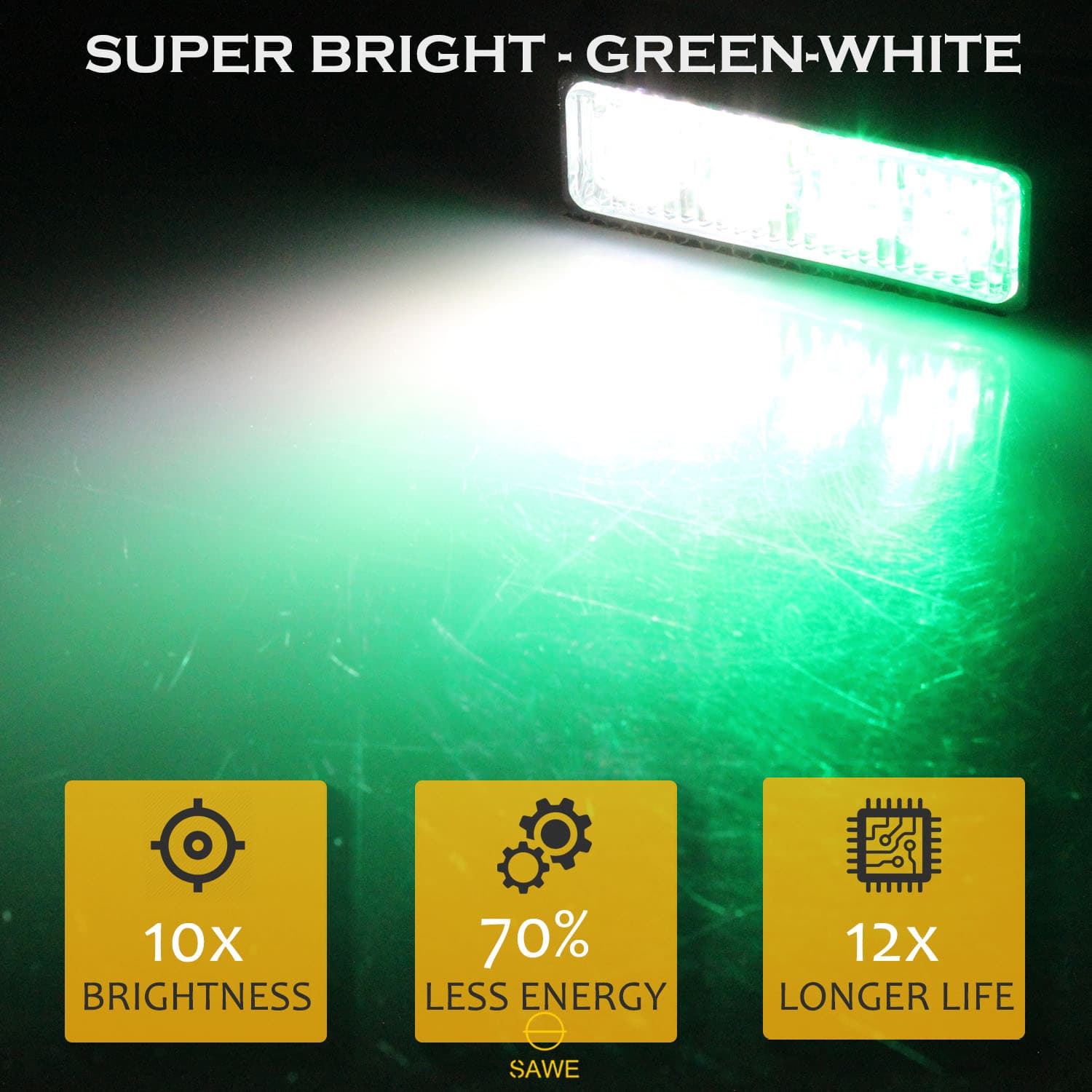 Premier Emergency LED Strobe Lights Bar for Offroad Car Truck Warning Hazard Flash Grille and Surface Mount Light - Green / White 4-LED SAWE Lighting