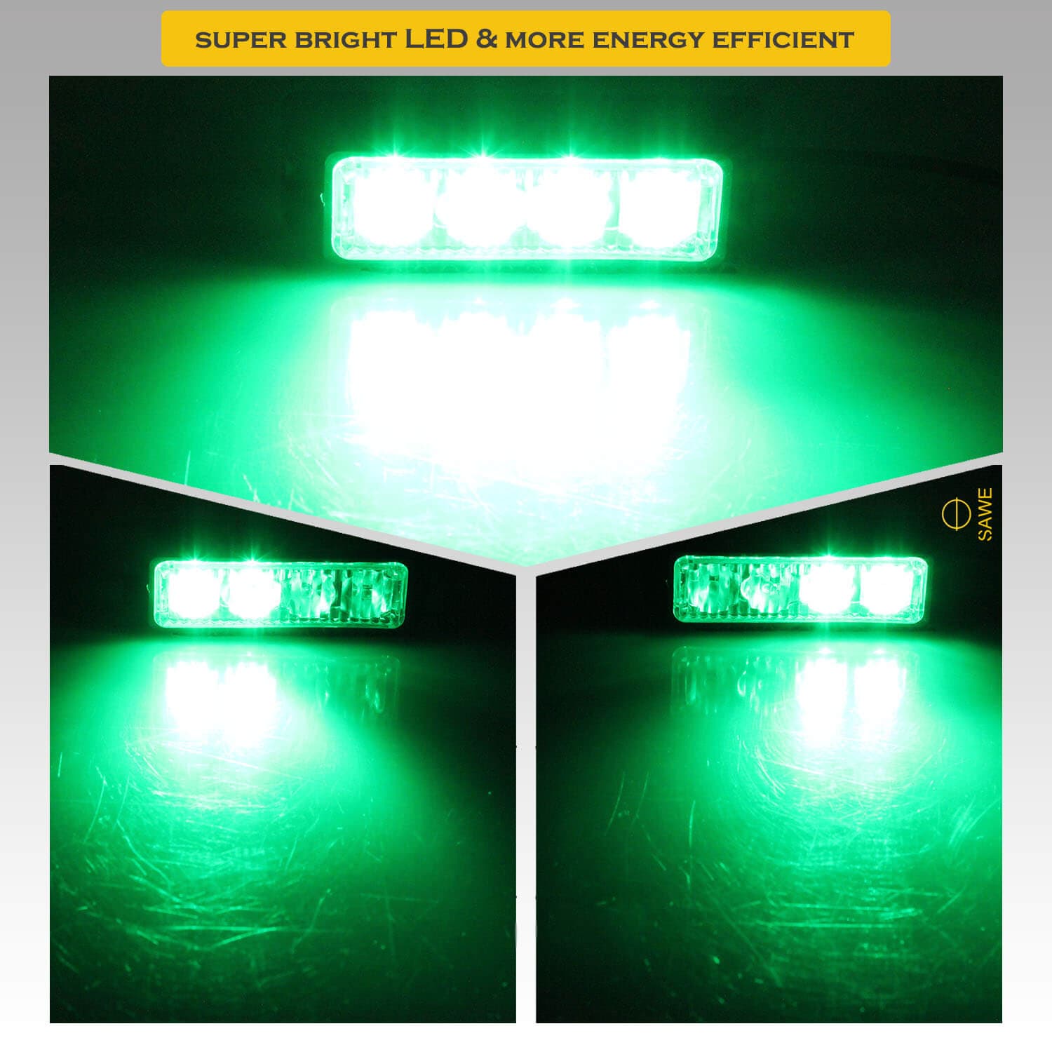 Premier Emergency LED Strobe Lights Bar for Offroad Car Truck Warning Hazard Flash Grille and Surface Mount Light - Green 4-LED SAWE Lighting