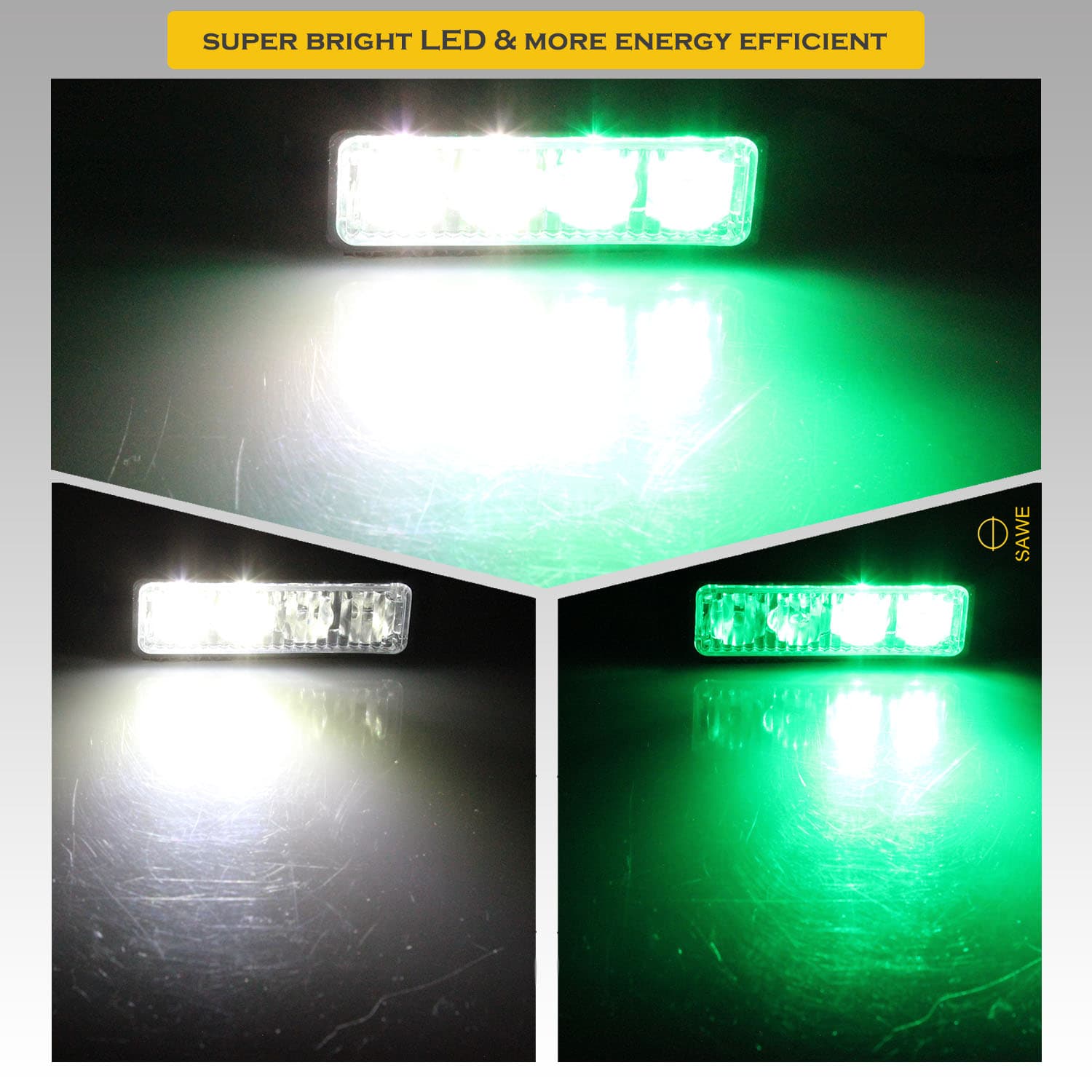 Premier Emergency LED Strobe Lights Bar for Offroad Car Truck Warning Hazard Flash Grille and Surface Mount Light - Green / White 4-LED SAWE Lighting