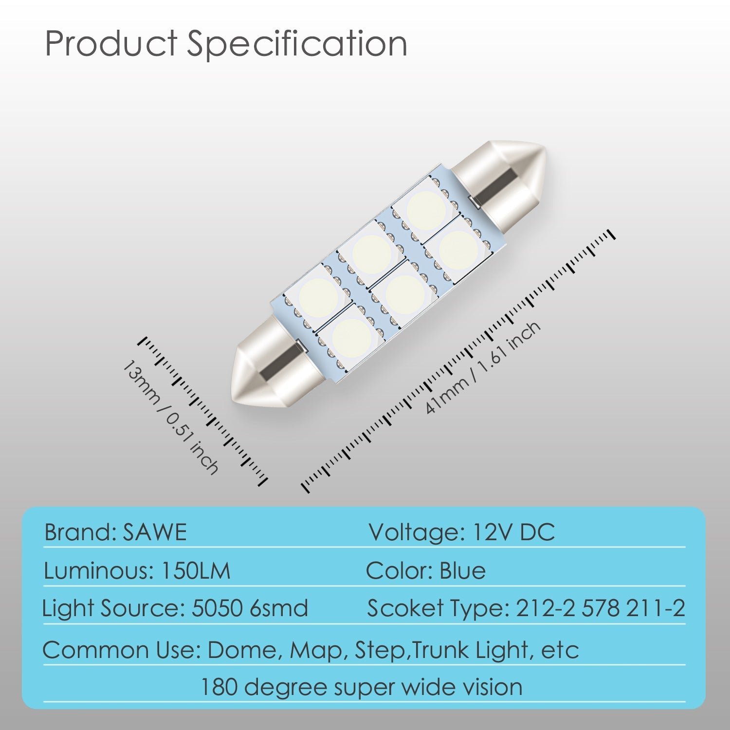 SAWE ® 578 211-2 212-2 41mm 42mm LED Light Bulb 5050 6SMD Interior Dome Map Door Courtesy Trunk Lights - Blue SAWE Lighting