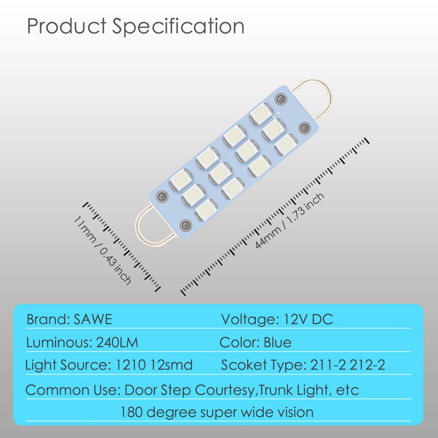 SAWE ® 561 563 567 211-2 212-2 LED Bulb Festoon 44mm 12smd Rigid Loop Interior Door Trunk LED Lights - Blue SAWE Lighting