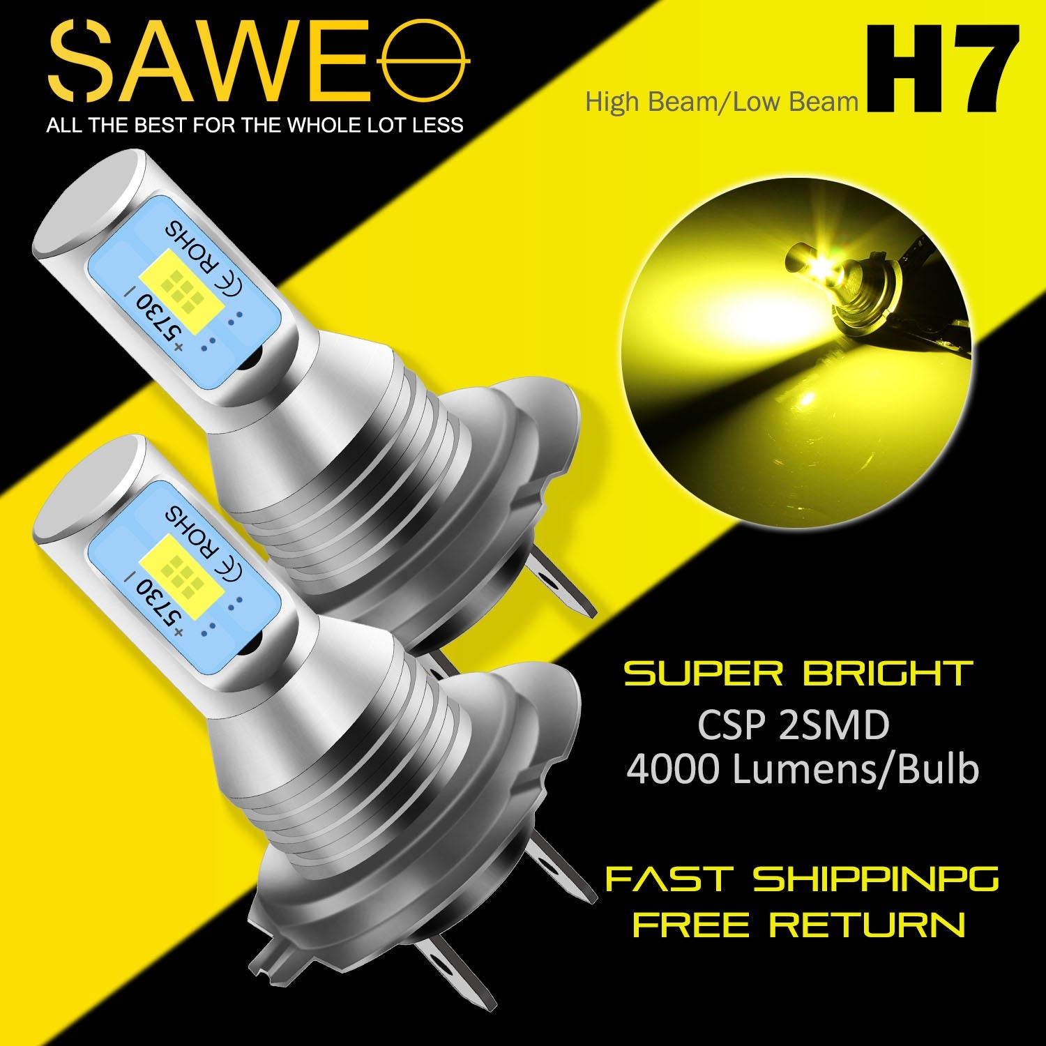 H7 CSP LED Headlights Bulbs High Low Beam Fog Light Canbus - 3000K Yellow SAWE Lighting