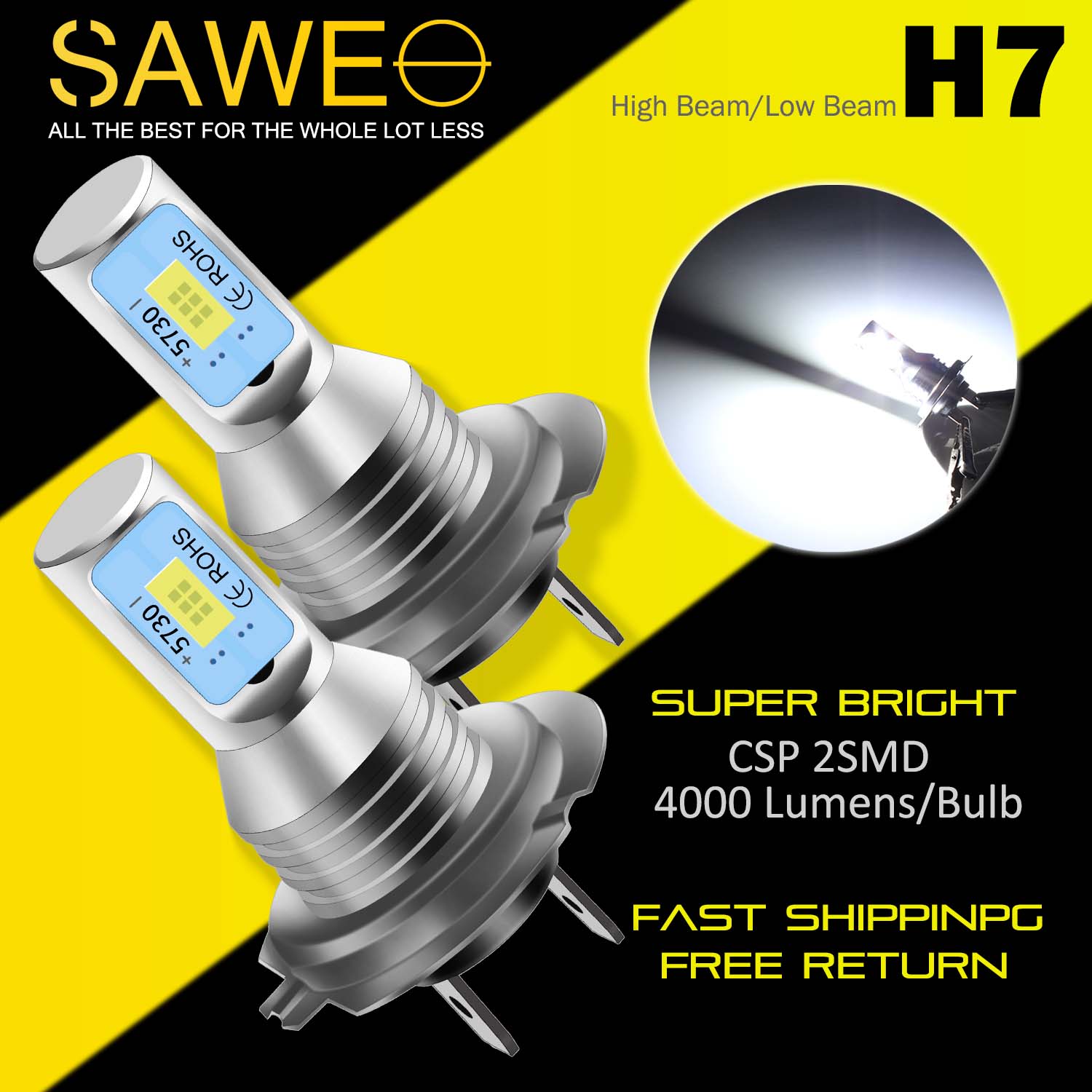 H7 CSP LED Headlights Bulbs High Low Beam Fog Light Canbus - 6000K White SAWE Lighting