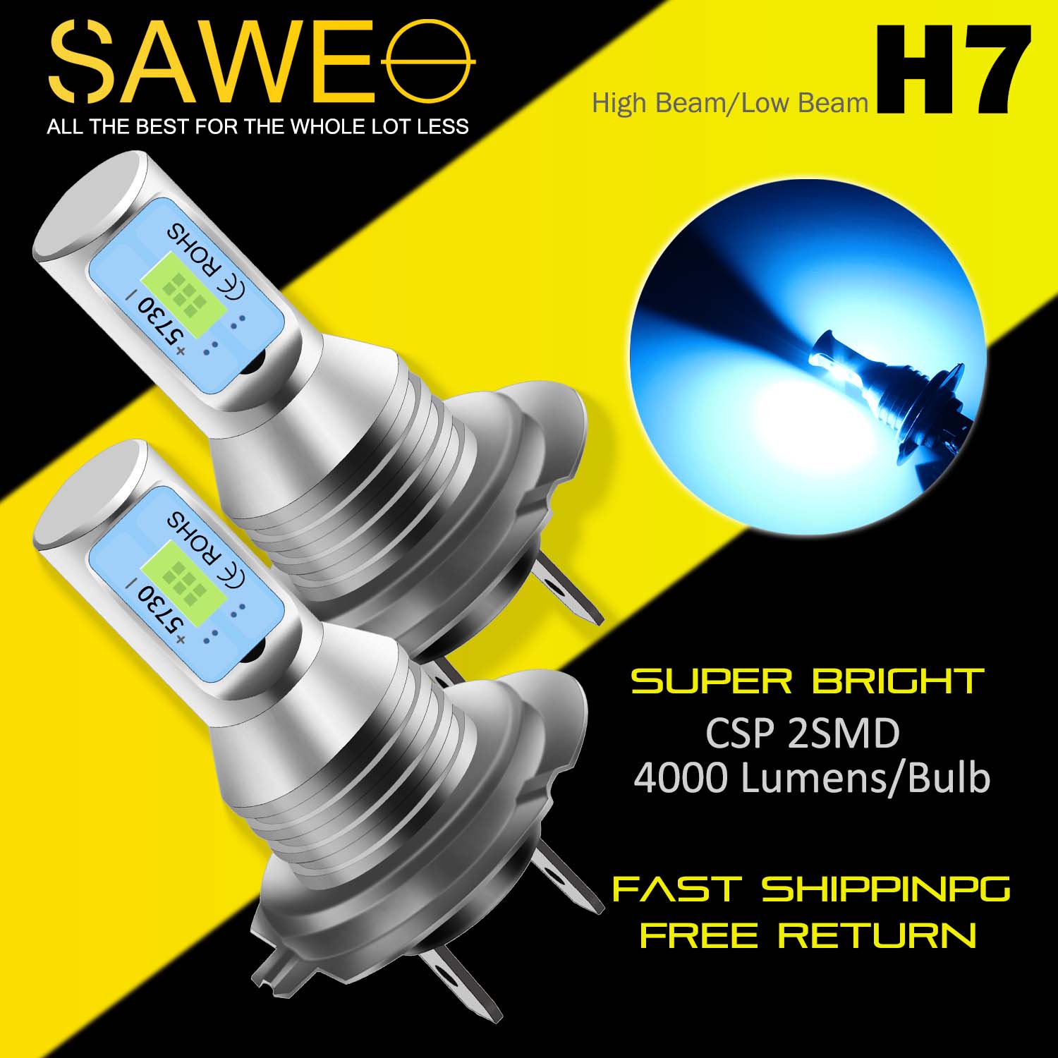 H7 CSP LED Headlights Bulbs High Low Beam Fog Light Canbus - 8000K Ice Blue SAWE Lighting