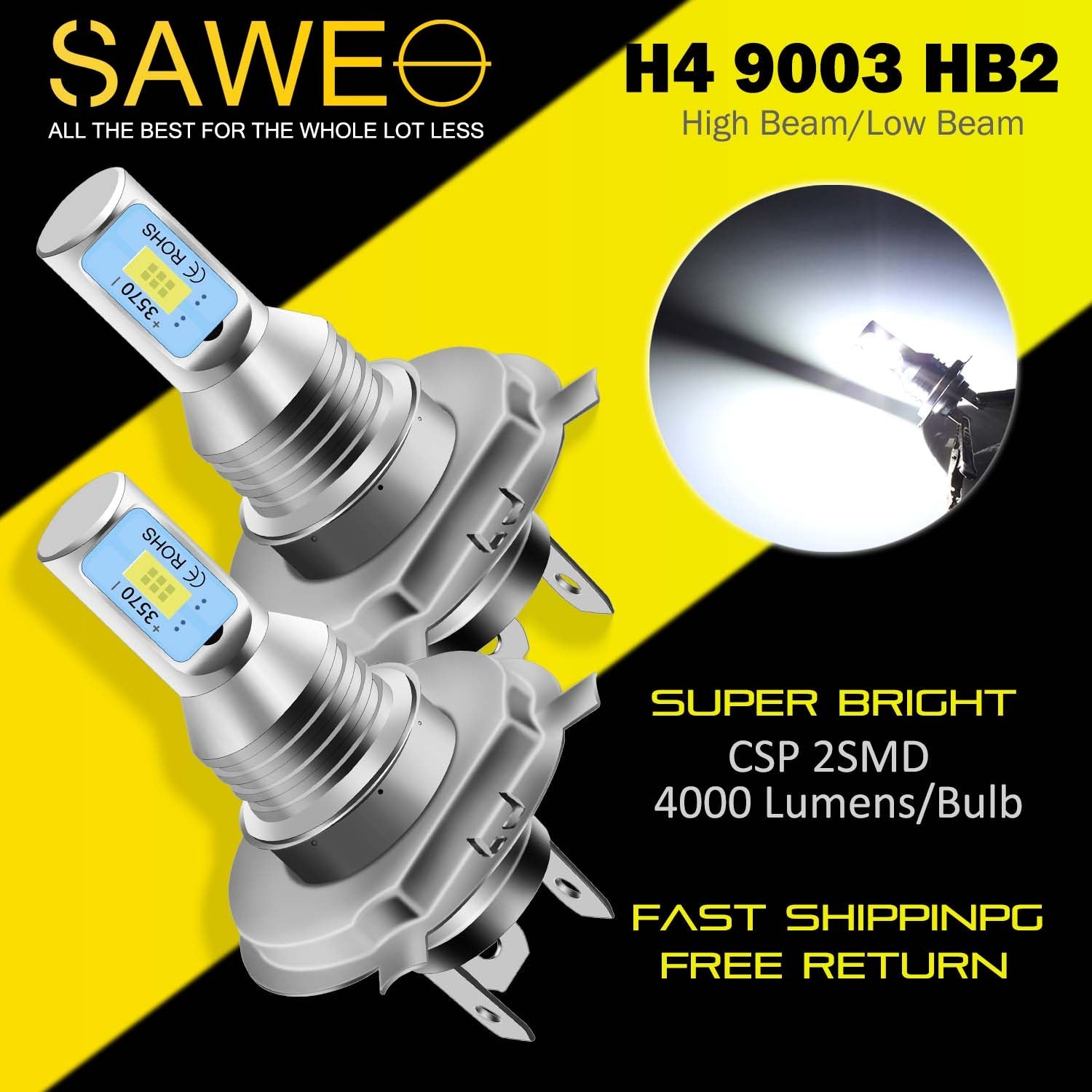 H4 9003 HB2 CSP LED Headlights Bulbs High Low Beam Fog Light Canbus - 6000K White SAWE Lighting