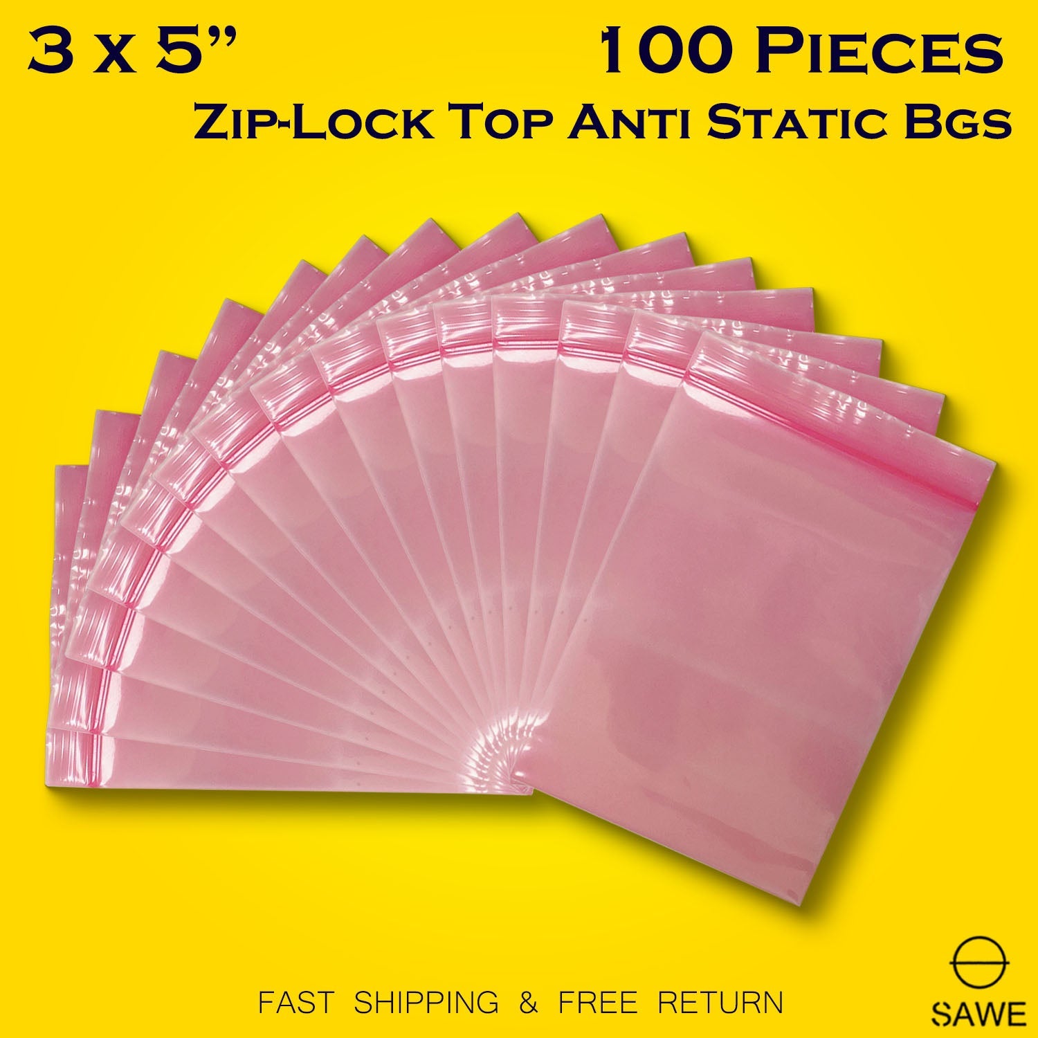 Pink Anti Static Shielding ESD Bags 3 x 5" Inch Zip Lock Resealable for Varieties of Electronic Device 4 Mil SAWE Lighting