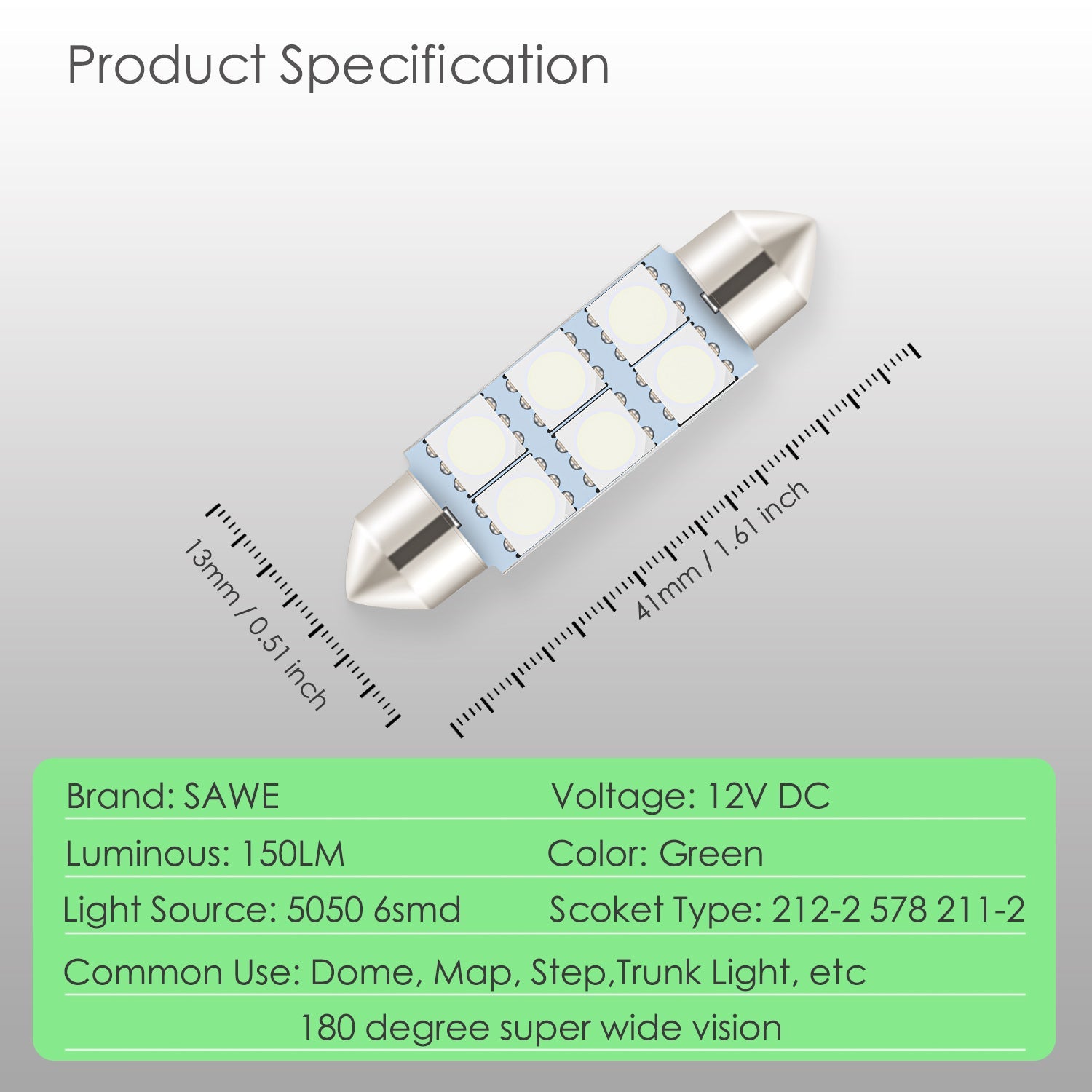 SAWE ® 578 211-2 212-2 41mm 42mm LED Light Bulb 5050 6SMD Interior Dome Map Door Courtesy Trunk Lights - Green SAWE Lighting