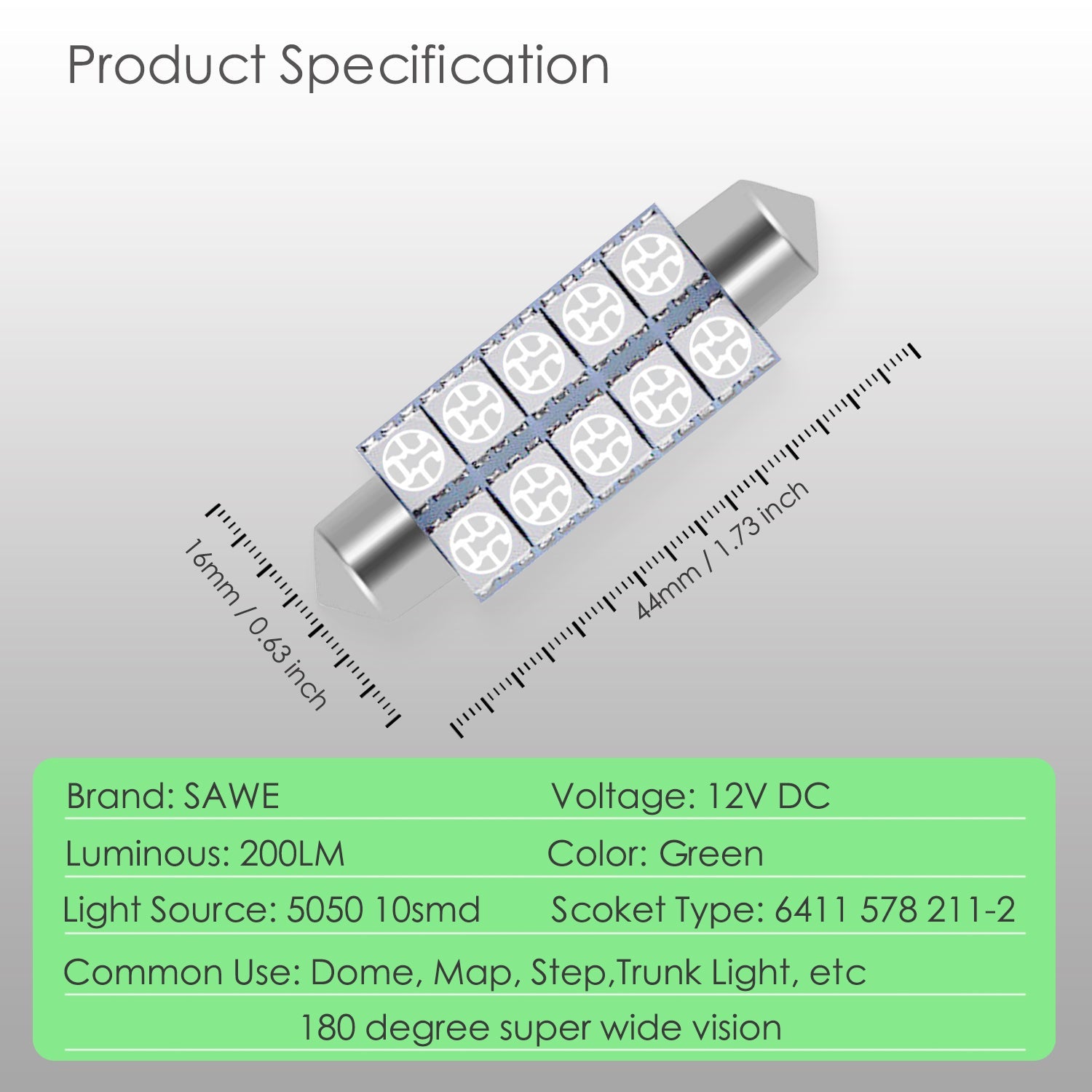 SAWE ® 578 211-2 212-2 44mm LED Bulb 5050 10SMD Interior Dome Map Door Courtesy Light Trunk Lights - Green SAWE Lighting