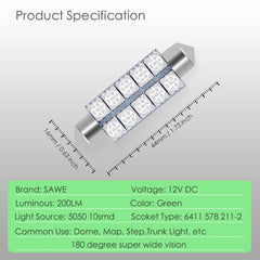SAWE ® 578 211-2 212-2 44mm LED Bulb 5050 10SMD Interior Dome Map Door Courtesy Light Trunk Lights - Green SAWE Lighting
