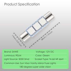 SAWE ® 28mm 3SMD T6 6641 LED Bulbs Sun Visor Vanity Mirror Fuse Lights - Green SAWE Lighting