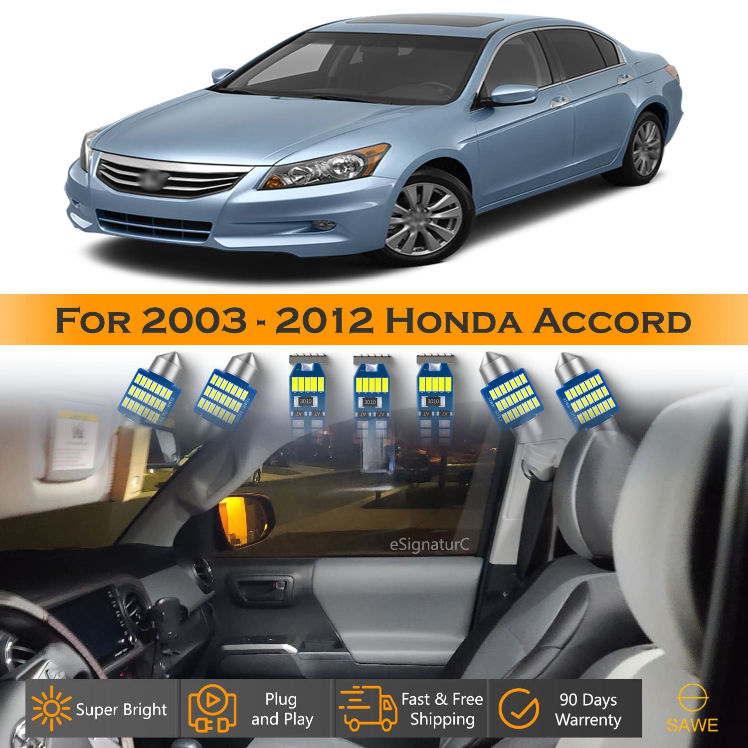 SAWE For Honda Accord Interior LED Lights Bulb Replacement Kit (2003–2012) – Dome, Map, Trunk, License Plate – White 6000K Upgrade Kit (14 Bulbs) SAWE Lighting