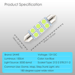 SAWE ® 578 211-2 212-2 41mm 42mm LED Light Bulb 5050 6SMD Interior Dome Map Door Courtesy Trunk Lights - Ice Blue SAWE Lighting