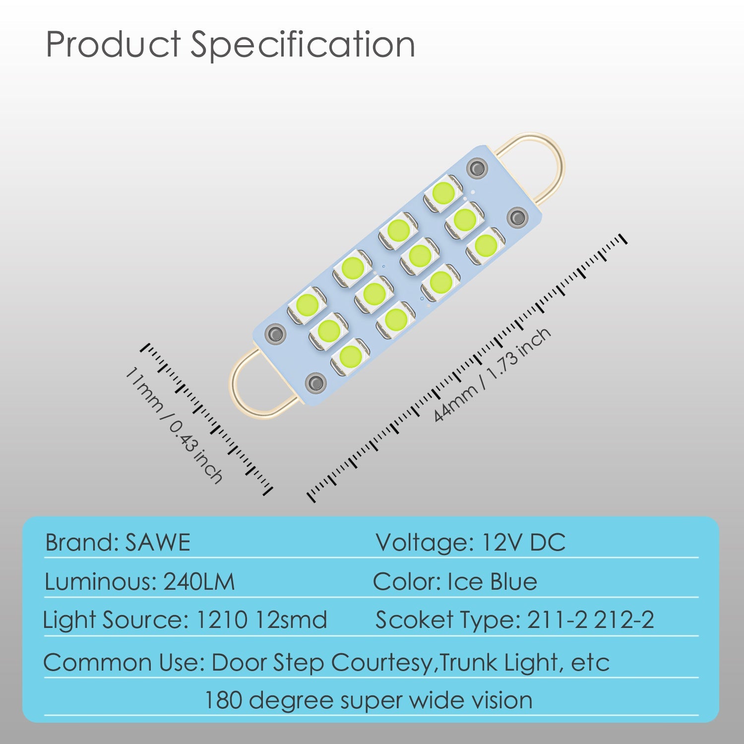 SAWE ® 561 563 567 211-2 212-2 LED Bulb Festoon 44mm 12smd Rigid Loop Interior Door Trunk LED Lights - Ice Blue SAWE Lighting