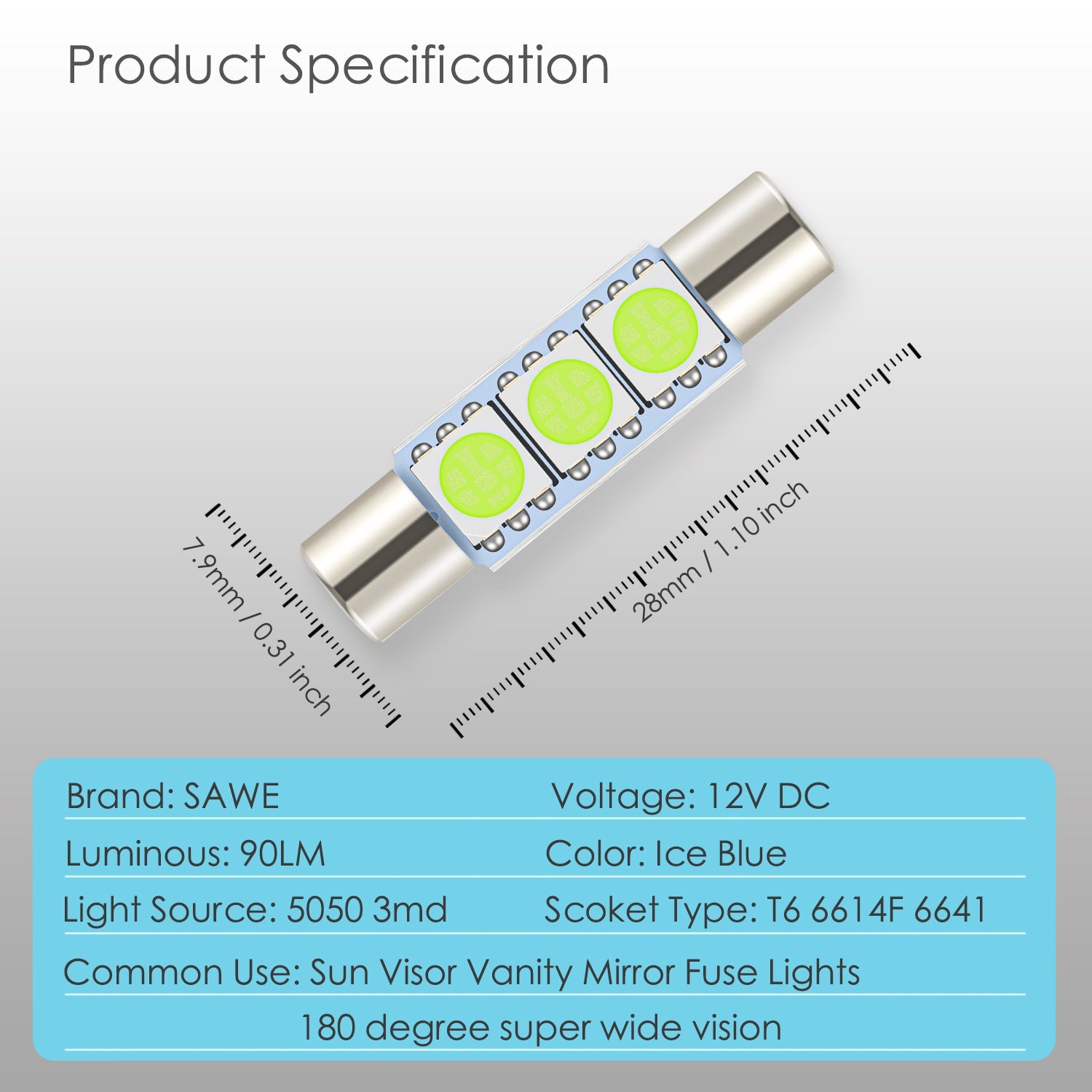 SAWE ® 28mm 3SMD T6 6641 LED Bulbs Sun Visor Vanity Mirror Fuse Lights - Ice Blue SAWE Lighting