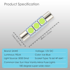 SAWE ® 28mm 3SMD T6 6641 LED Bulbs Sun Visor Vanity Mirror Fuse Lights - Ice Blue SAWE Lighting