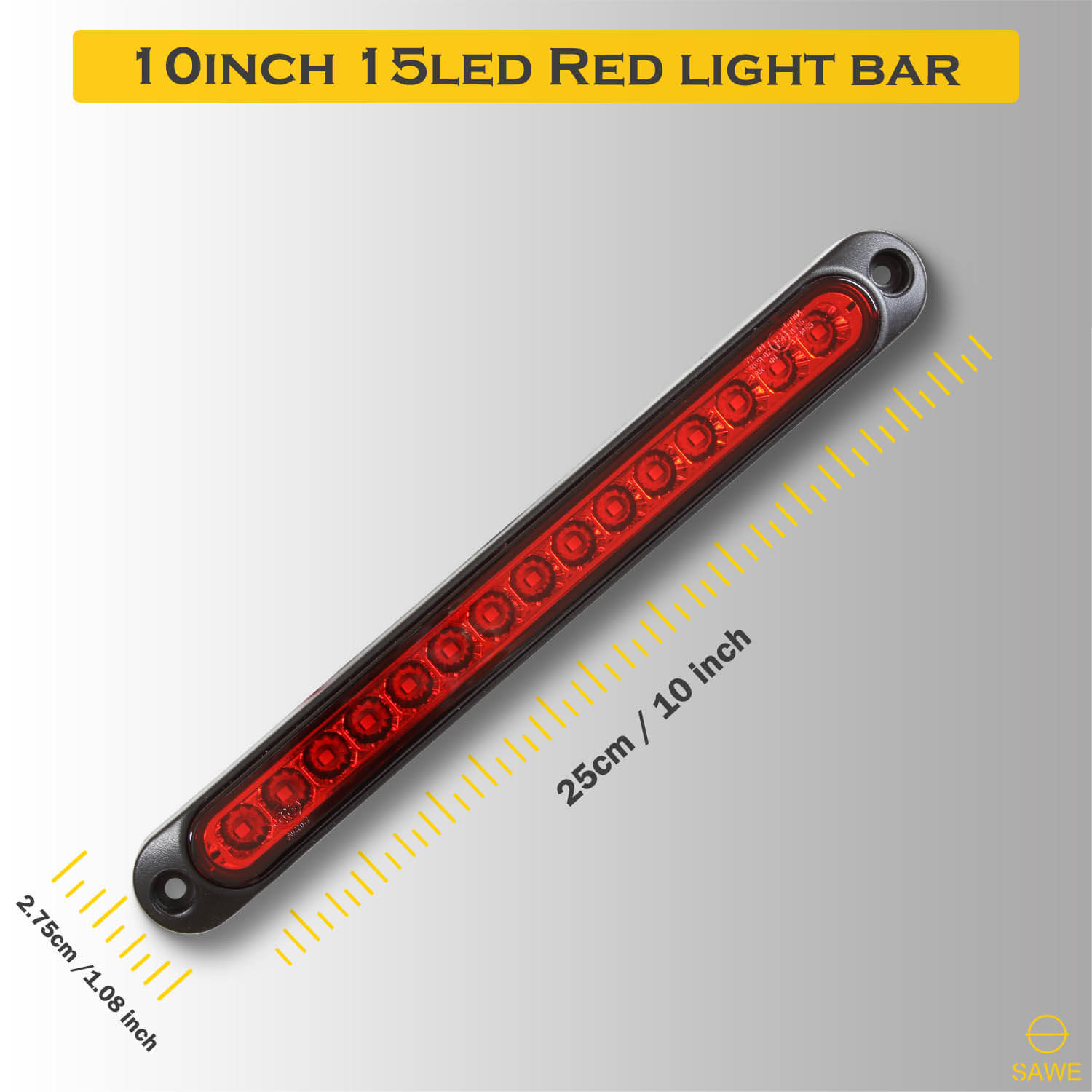 15-LED 10" Inch Red LED Truck Trailer Strip 3rd Brake Lights Rear Turn Tail Light Bar SAWE Lighting