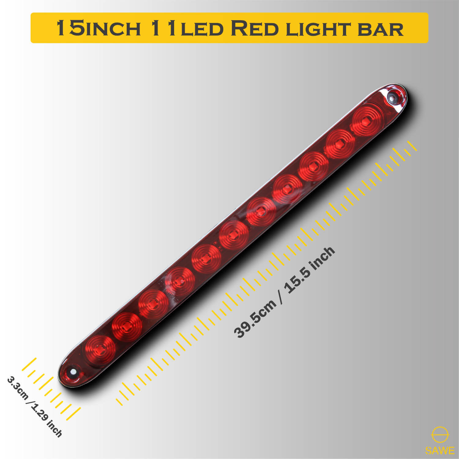 11-LED 15" Inch Red Sealed LED Truck Trailer Strip 3rd Brake Lights Rear Turn Tail Light Bar SAWE Lighting