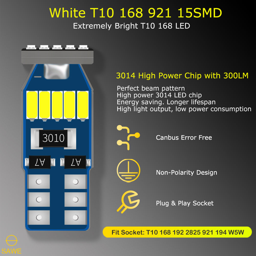 SAWE ® T10 194 168 921 W5W LED Bulb 3014 15SMD License Plate Light Dome Map Trunk Lights or DRL Bulbs - 6000K White SAWE Lighting