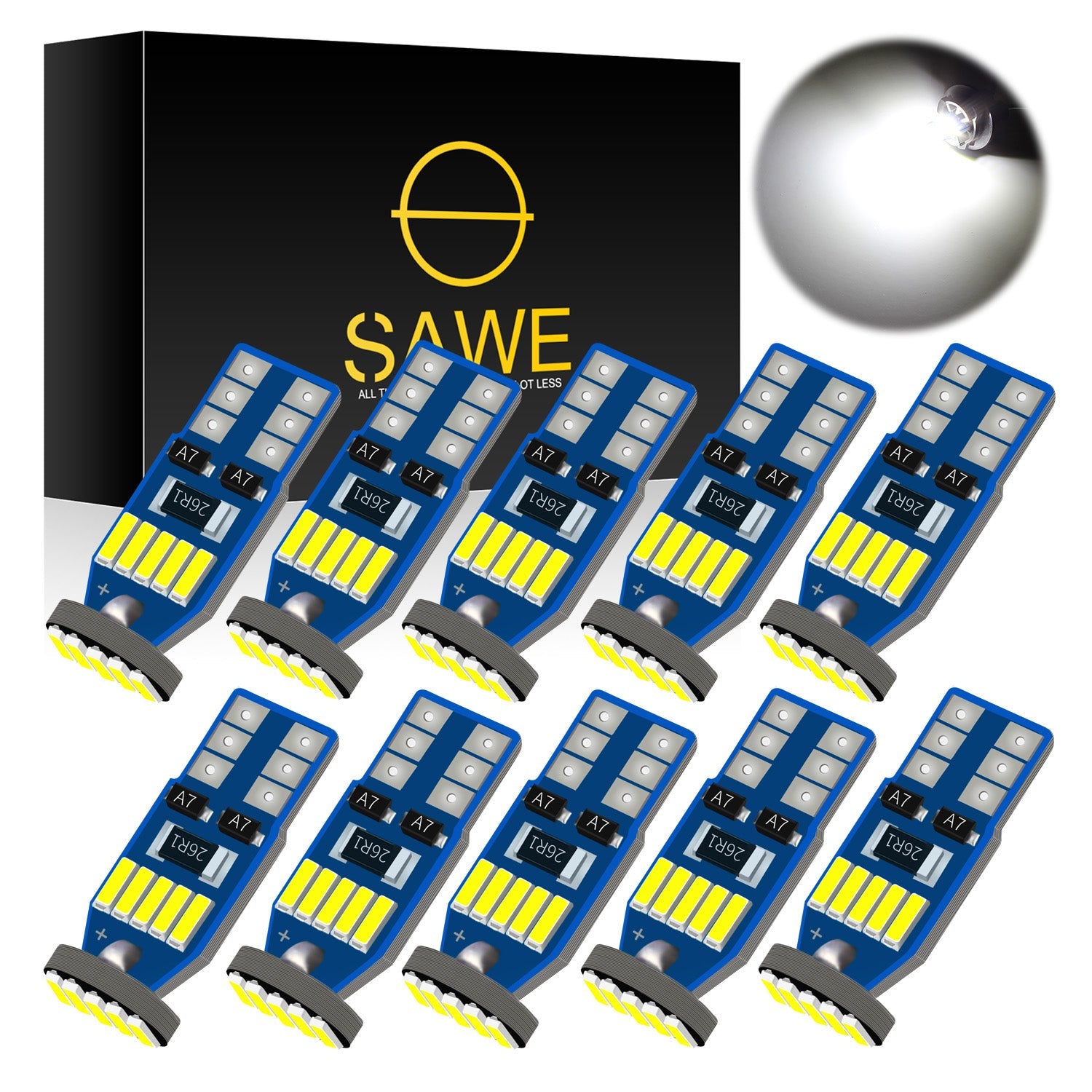 SAWE ® T10 194 168 921 W5W LED Bulb 3014 15SMD License Plate Light Dome Map Trunk Lights or DRL Bulbs - 6000K White SAWE Lighting