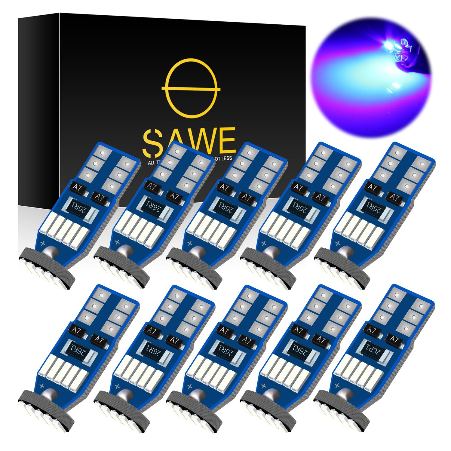 SAWE ® T10 194 168 921 W5W LED Bulb 3014 15SMD License Plate Light Dome Map Trunk Lights or DRL Bulbs - Blue SAWE Lighting