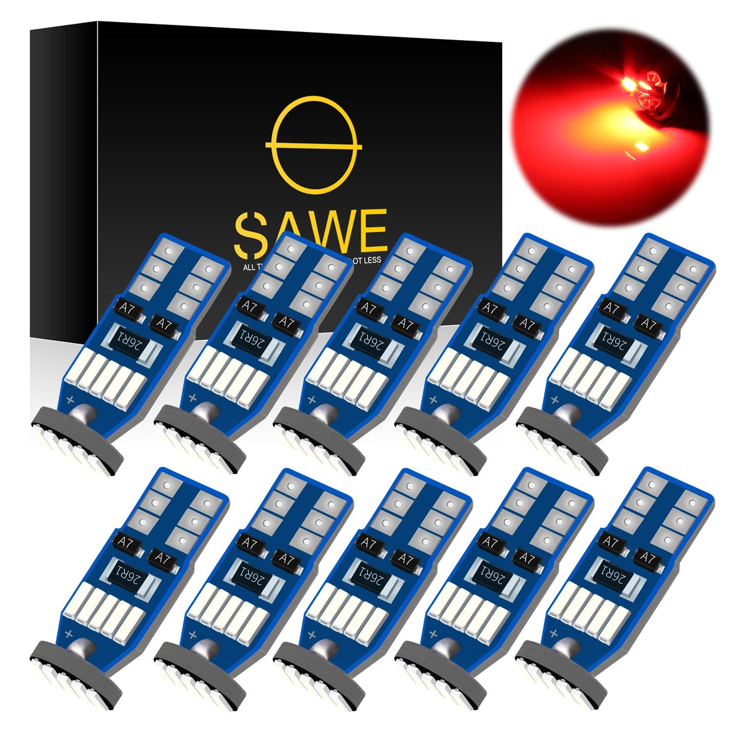 SAWE ® T10 194 168 921 W5W LED Bulb 3014 15SMD License Plate Light Dome Map Trunk Lights or DRL Bulbs - Red SAWE Lighting