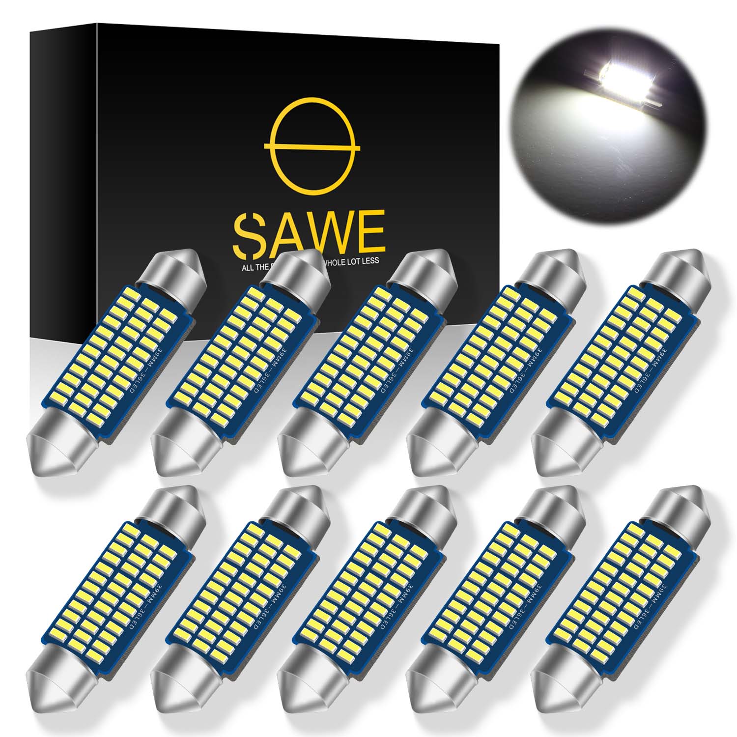 SAWE ® 39mm 6411 6413 DE3425 DE3423 LED Bulb 3014 36SMD Interior Door Courtesy Light Dome Map Trunk Lights - White SAWE Lighting