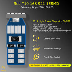 SAWE ® T10 194 168 921 W5W LED Bulb 3014 15SMD License Plate Light Dome Map Trunk Lights or DRL Bulbs - Red SAWE Lighting