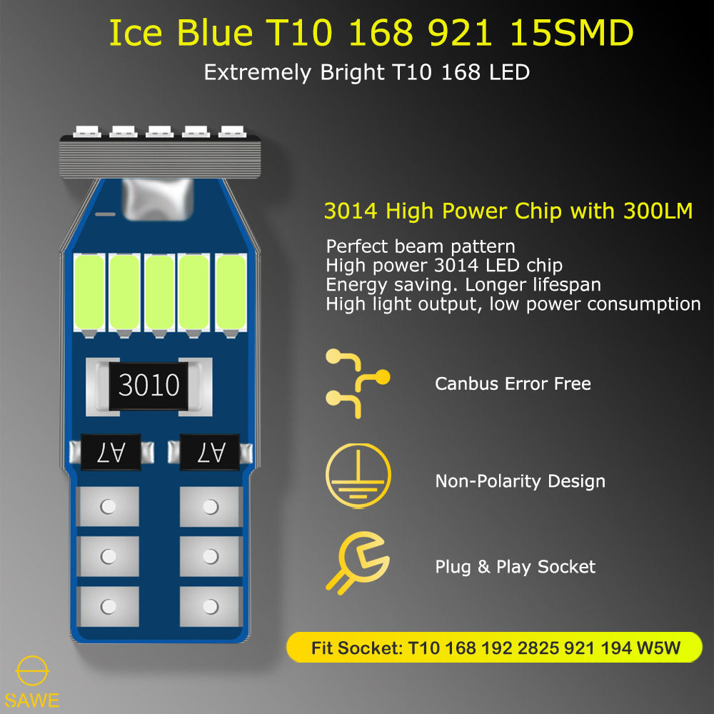 SAWE ® T10 194 168 921 W5W LED Bulb 3014 15SMD License Plate Light Dome Map Trunk Lights or DRL Bulbs - Ice Blue SAWE Lighting