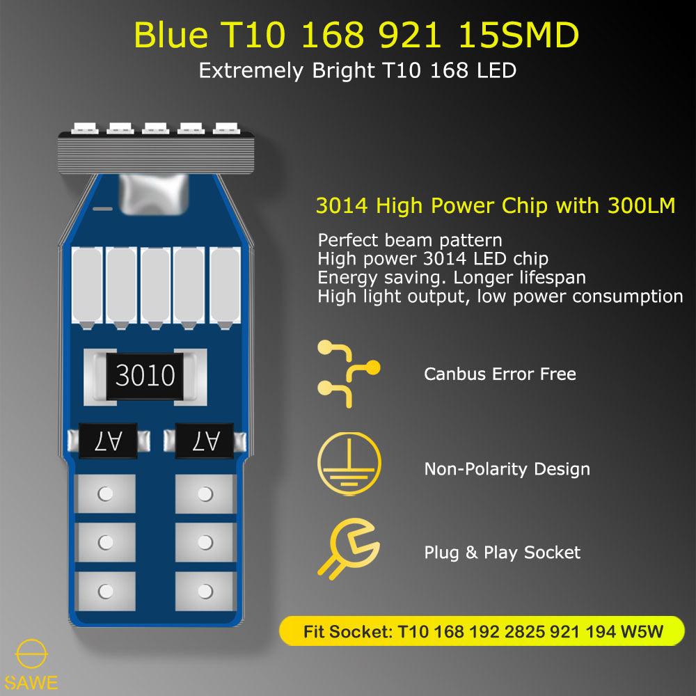 SAWE ® T10 194 168 921 W5W LED Bulb 3014 15SMD License Plate Light Dome Map Trunk Lights or DRL Bulbs - Blue SAWE Lighting