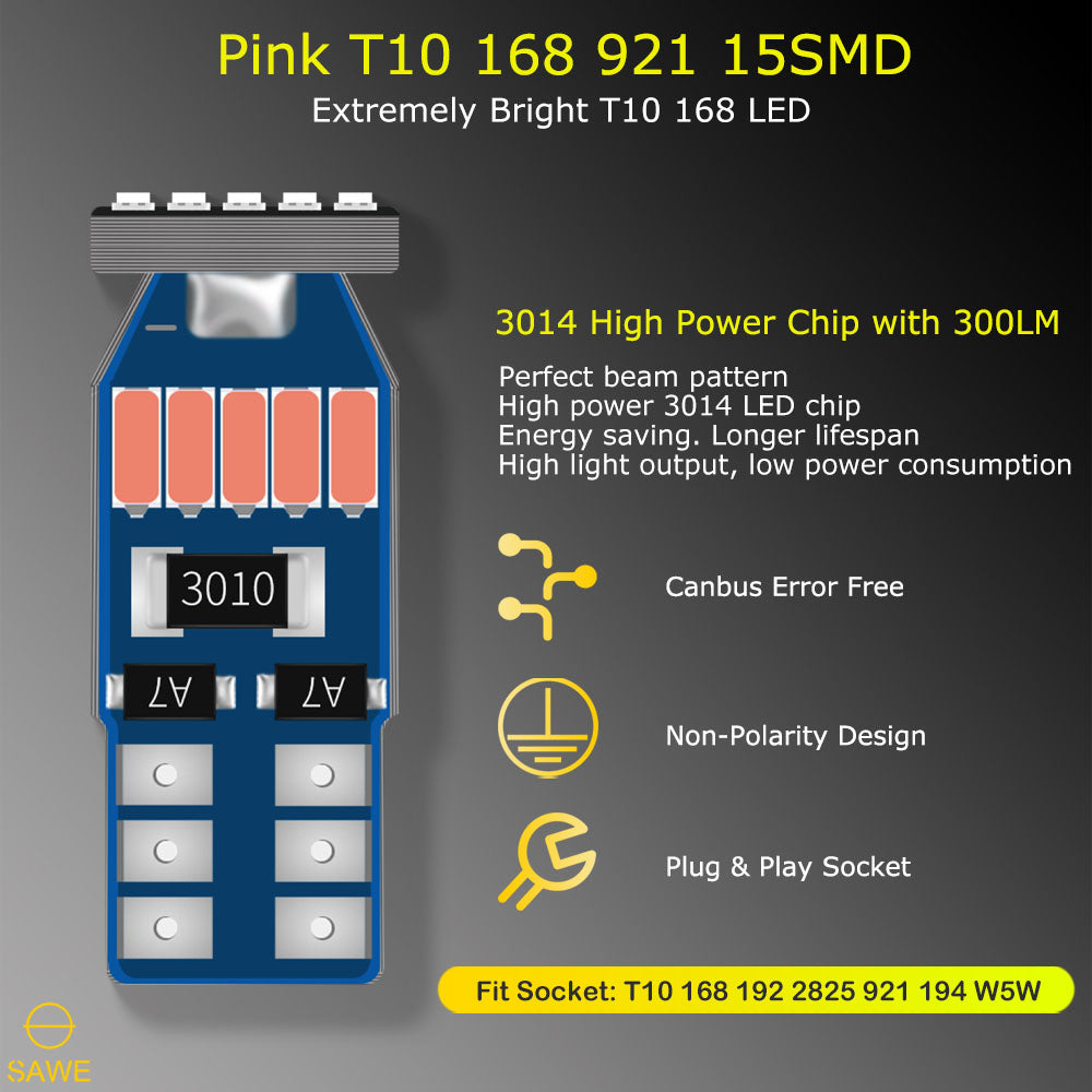 SAWE ® T10 194 168 921 W5W LED Bulb 3014 15SMD License Plate Light Dome Map Trunk Lights or DRL Bulbs - Pink SAWE Lighting