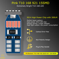 SAWE ® T10 194 168 921 W5W LED Bulb 3014 15SMD License Plate Light Dome Map Trunk Lights or DRL Bulbs - Pink SAWE Lighting