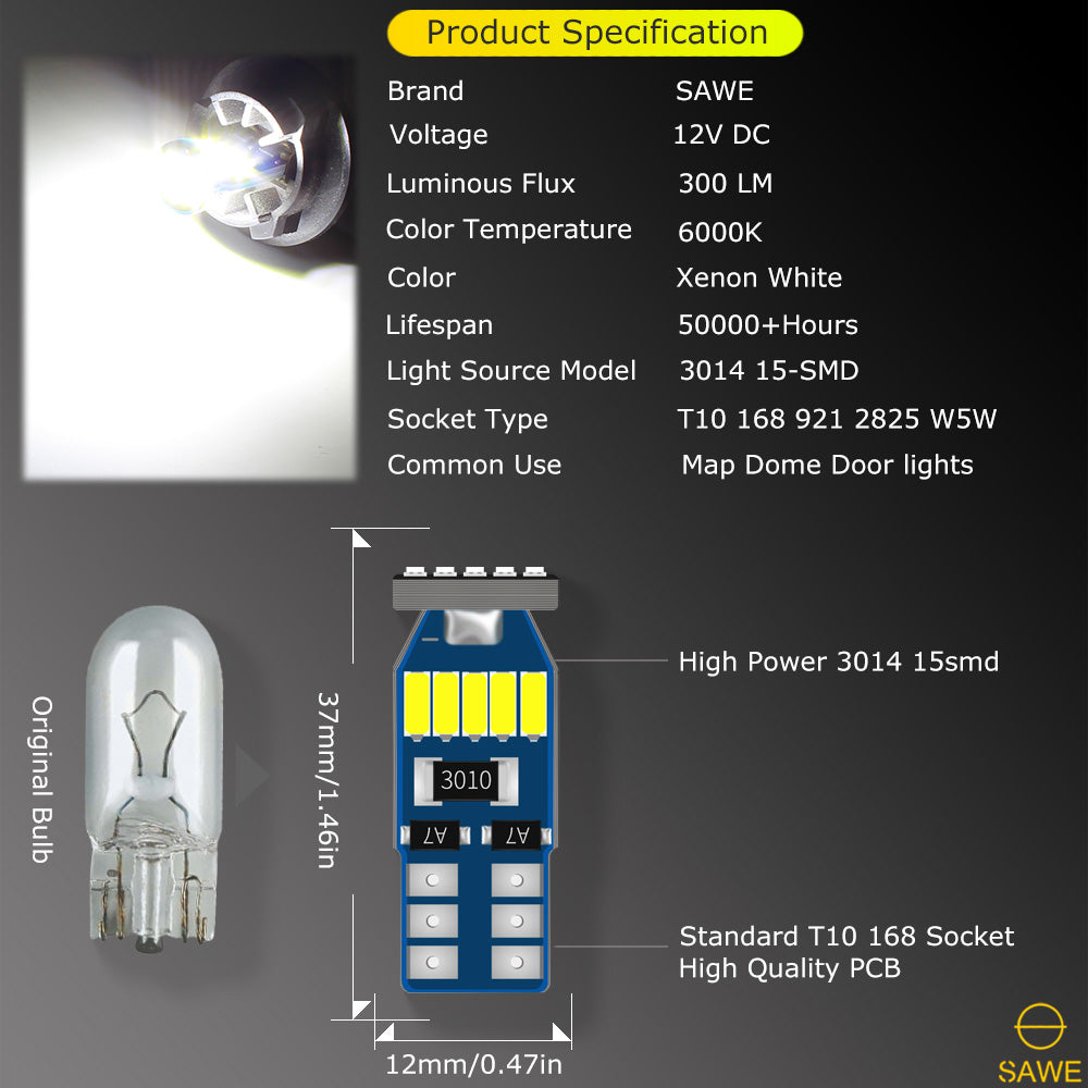 SAWE ® T10 194 168 921 W5W LED Bulb 3014 15SMD License Plate Light Dome Map Trunk Lights or DRL Bulbs - 6000K White SAWE Lighting
