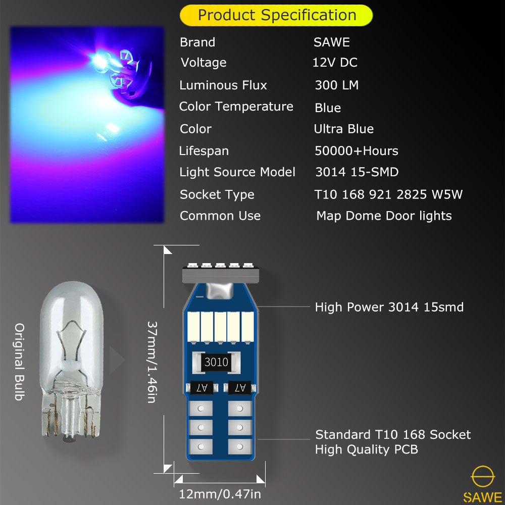 SAWE ® T10 194 168 921 W5W LED Bulb 3014 15SMD License Plate Light Dome Map Trunk Lights or DRL Bulbs - Blue SAWE Lighting