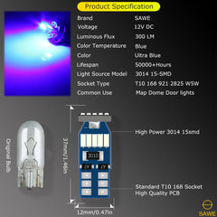 SAWE ® T10 194 168 921 W5W LED Bulb 3014 15SMD License Plate Light Dome Map Trunk Lights or DRL Bulbs - Blue SAWE Lighting