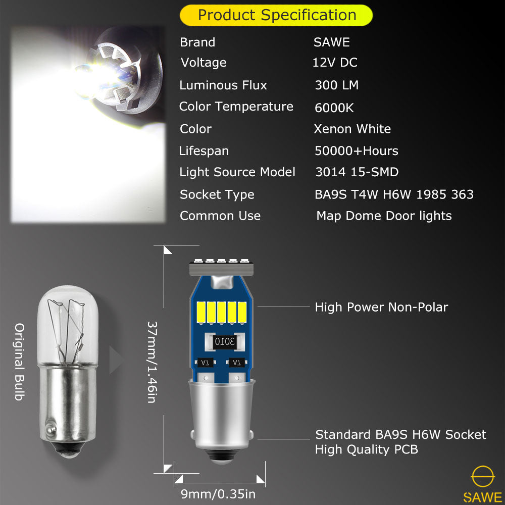 SAWE ® BA9S 1815 1895 T11 T4W H6W LED Bulb 3014 15SMD Dome Map Trunk Lights - 6000K White SAWE Lighting