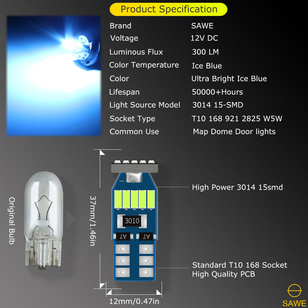 SAWE ® T10 194 168 921 W5W LED Bulb 3014 15SMD License Plate Light Dome Map Trunk Lights or DRL Bulbs - Ice Blue SAWE Lighting