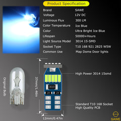 SAWE ® T10 194 168 921 W5W LED Bulb 3014 15SMD License Plate Light Dome Map Trunk Lights or DRL Bulbs - Ice Blue SAWE Lighting