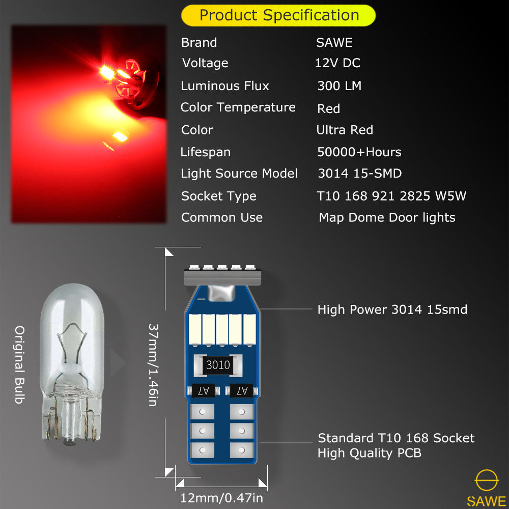 SAWE ® T10 194 168 921 W5W LED Bulb 3014 15SMD License Plate Light Dome Map Trunk Lights or DRL Bulbs - Red SAWE Lighting
