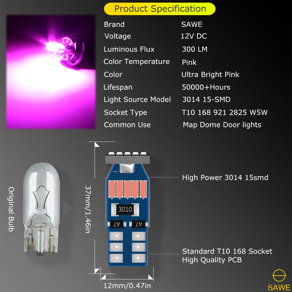 SAWE ® T10 194 168 921 W5W LED Bulb 3014 15SMD License Plate Light Dome Map Trunk Lights or DRL Bulbs - Pink SAWE Lighting