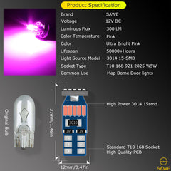 SAWE ® T10 194 168 921 W5W LED Bulb 3014 15SMD License Plate Light Dome Map Trunk Lights or DRL Bulbs - Pink SAWE Lighting