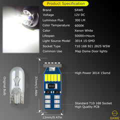 SAWE ® T10 194 168 921 W5W LED Bulb 3014 15SMD License Plate Light Dome Map Trunk Lights or DRL Bulbs - 6000K White SAWE Lighting