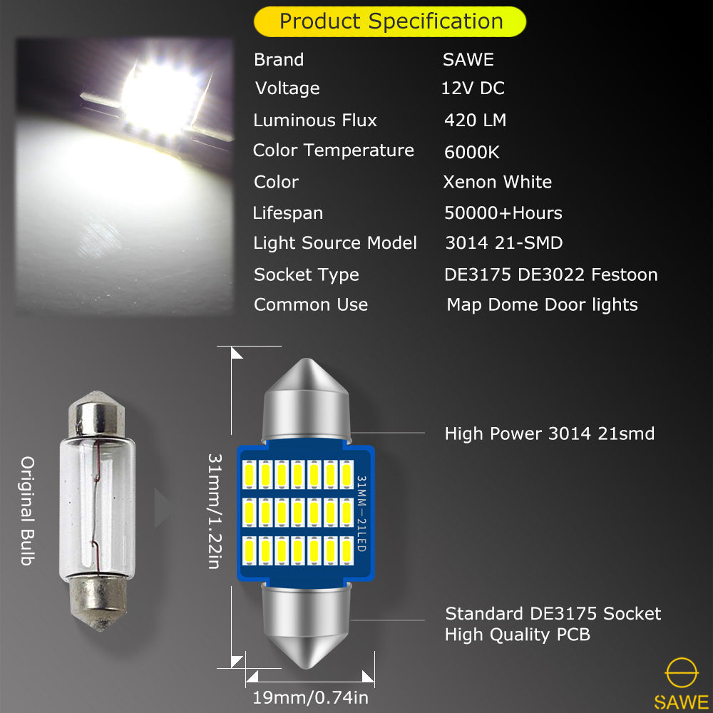 SAWE ® 31MM DE3175 DE3021 6428 LED Bulb 3014 15SMD Interior Door Courtesy Light Dome Map Trunk Lights - White SAWE Lighting