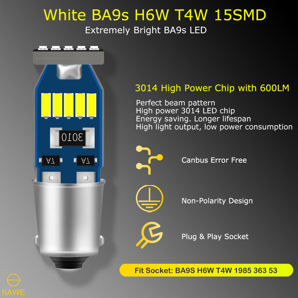 SAWE ® BA9S 1815 1895 T11 T4W H6W LED Bulb 3014 15SMD Dome Map Trunk Lights - 6000K White SAWE Lighting