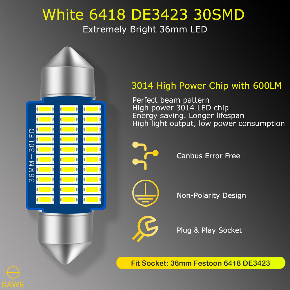 SAWE ® 6418 6411 DE3423 C5W 36mm LED Bulb 3014 30SMD Interior Door Courtesy Light Dome Map Trunk Lights - White SAWE Lighting