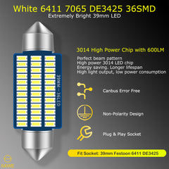 SAWE ® 39mm 6411 6413 DE3425 DE3423 LED Bulb 3014 36SMD Interior Door Courtesy Light Dome Map Trunk Lights - White SAWE Lighting