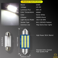 SAWE ® 39mm 6411 6413 DE3425 DE3423 LED Bulb 3014 36SMD Interior Door Courtesy Light Dome Map Trunk Lights - White SAWE Lighting