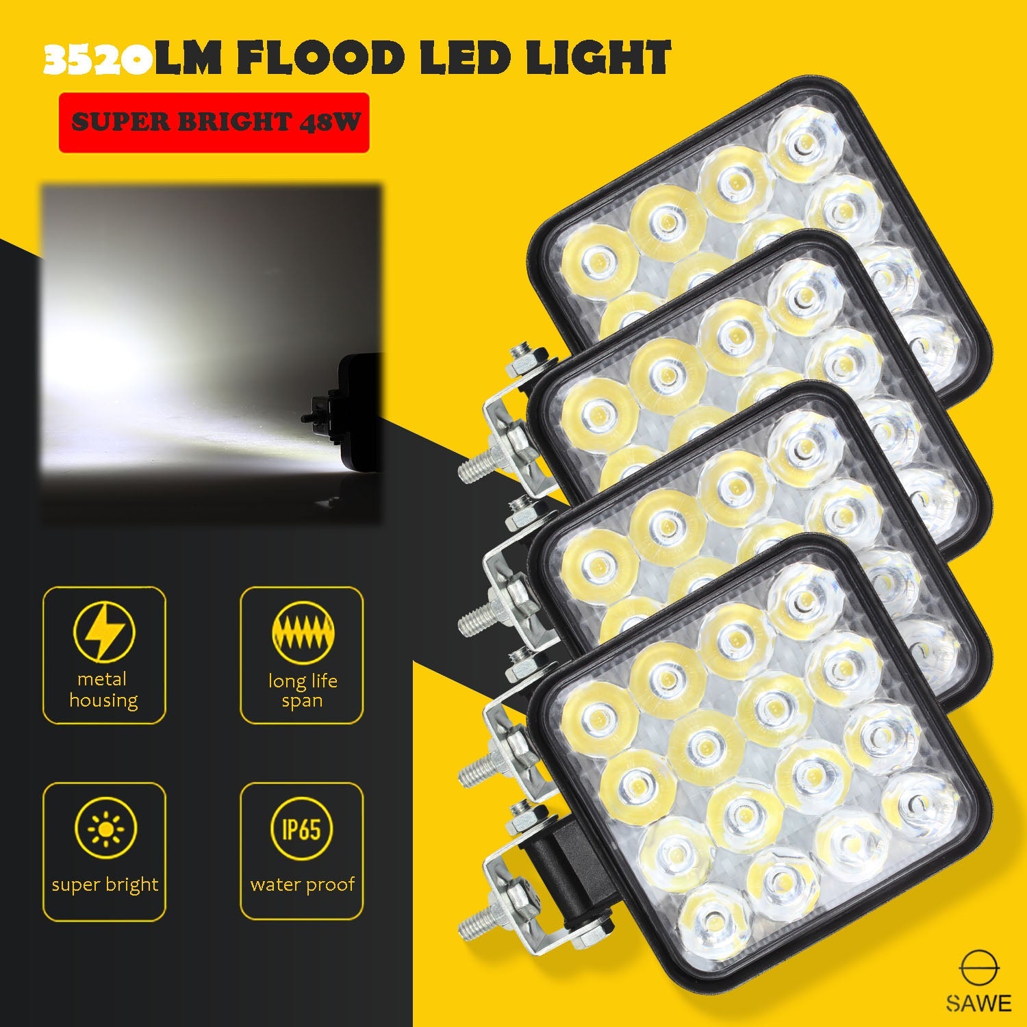 Square LED Spotlights for Trucks Pickup SUV ATV Offroad Fog Flood Work Pod Light Bulbs Bar - White SAWE Lighting