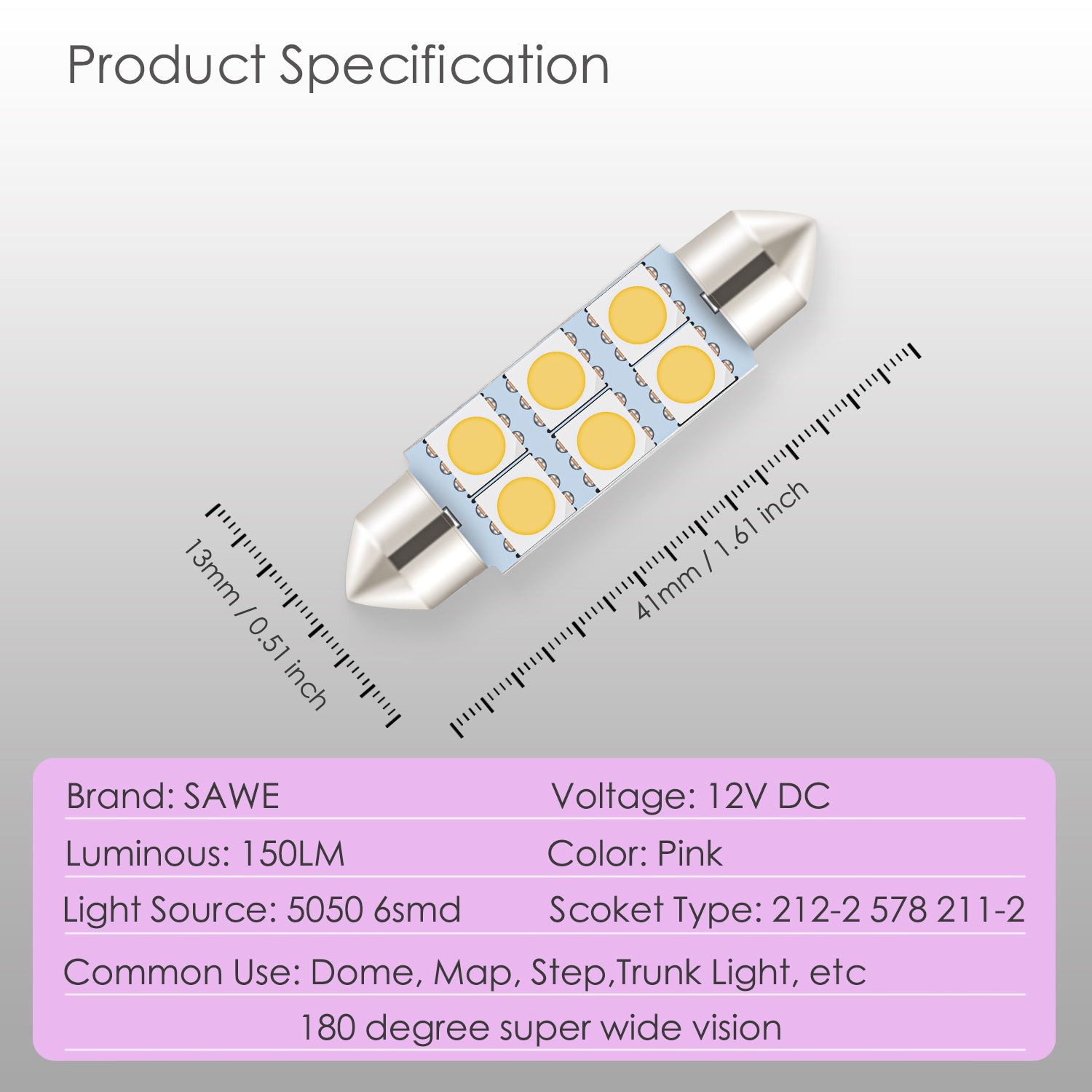 SAWE ® 578 211-2 212-2 41mm 42mm LED Light Bulb 5050 6SMD Interior Dome Map Door Courtesy Trunk Lights - Pink SAWE Lighting